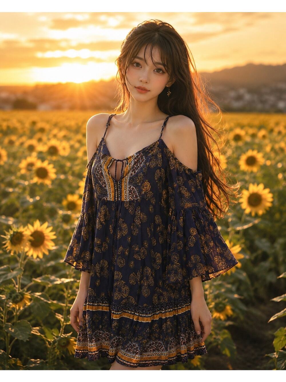 New cold shoulder Flowy bell slv boho festival mini dress sm